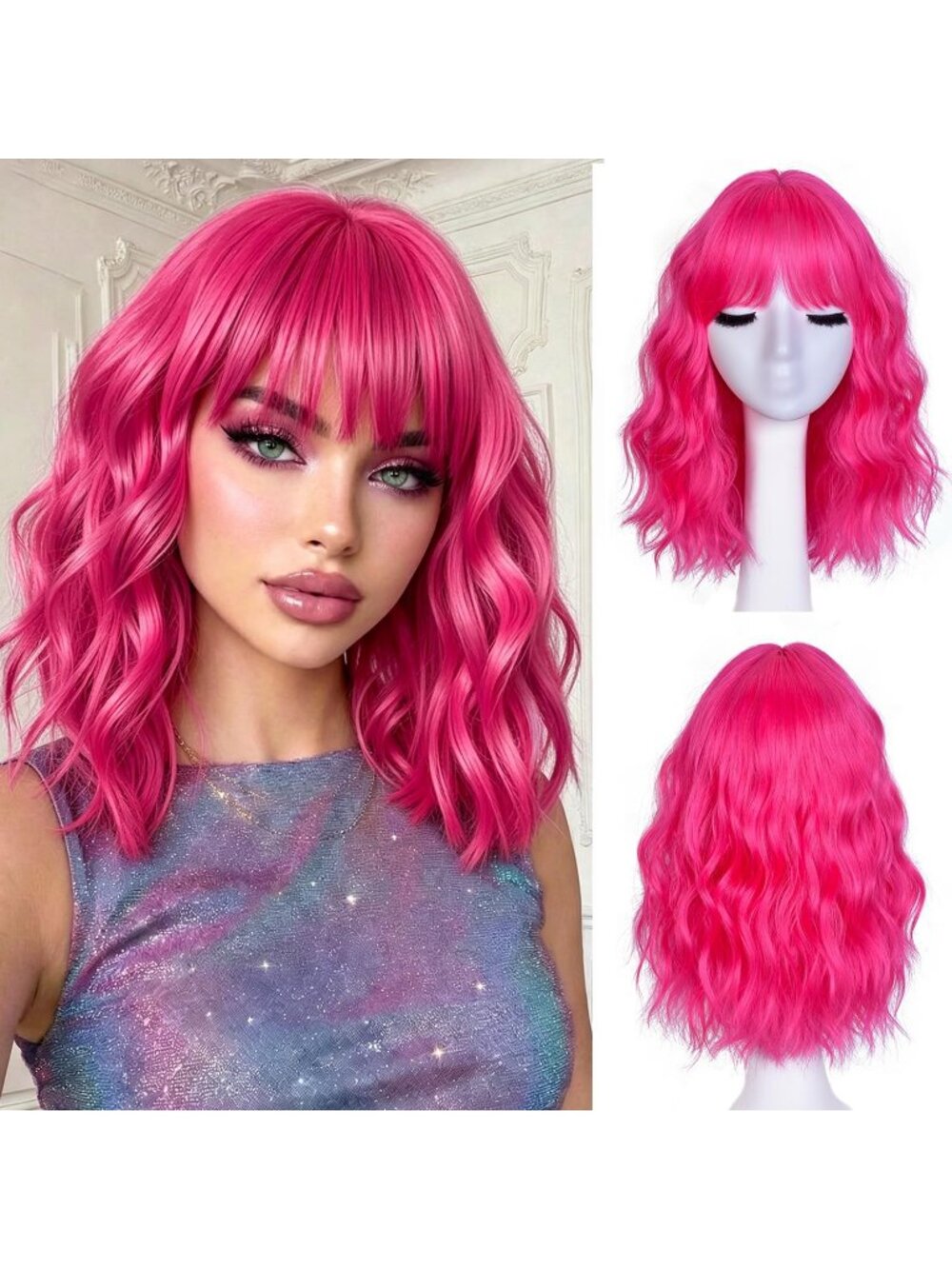 Women's Pink 14 Inch Natural Synthetic Short Curly Wavy Fiber Wigs
